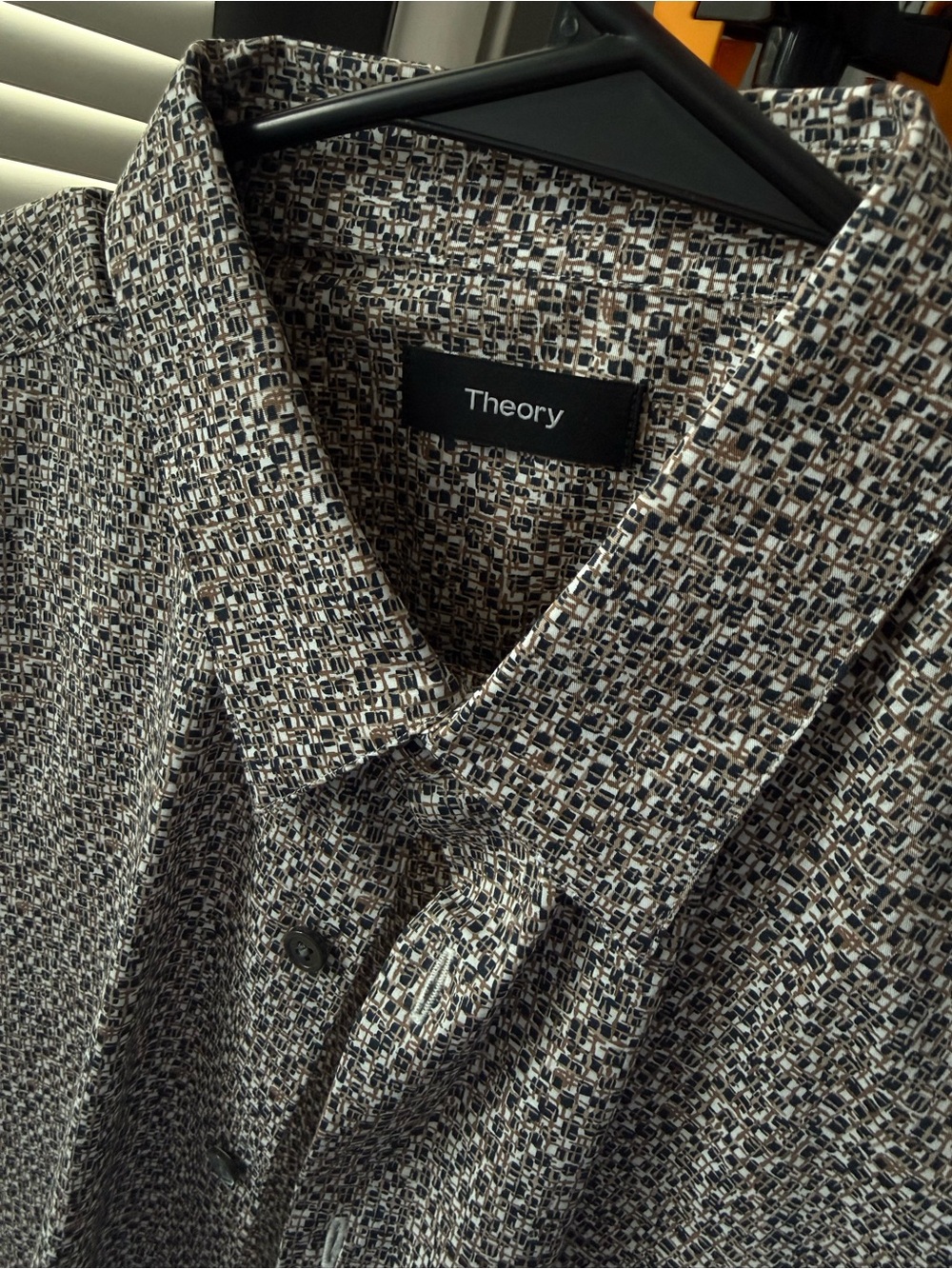 Theory Men's Button-Down Shirt in Black, White & Brown Geometric Print